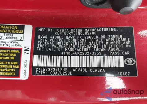 2009 Toyota Camry Se z USA, uszkodzony, nr VIN 4T1BE46KX9U273359